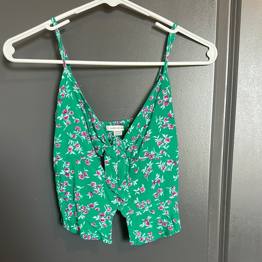 American Eagle Outfitters Green Floral Tie-Front Crop Top